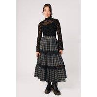 Hell Bunny Women's Morelle Skirt Tartan Lace Insert Tiered Maxi Skirt in Navy