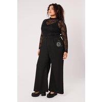 Hell Bunny Women's Celeste Black High Waist Wide Leg Sun Moon Embroidered Trousers | Size: 5XL