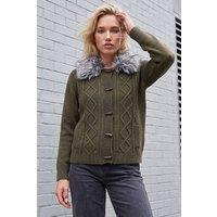 Roman Women's Faux Fur Collar Cardigan in Olive | Size: 16
