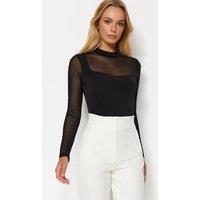 WOVCOR Women's Sheer Mesh Panel Long Sleeve High Neck Bodysuit in Black | Size: XL