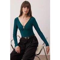 WOVCOR Women's V-Neck Fitted Knit Bodysuit with Gold Ring Detail in Green | Size: Medium