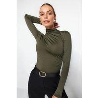 WOVCOR Women's High Neck Ruched Long Sleeve Bodysuit in Khaki | Size: Large