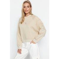 WOVCOR Women's Embroidered Crew Neck Fleece Sweatshirt in Stone | Size: Medium