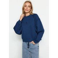 WOVCOR Women's Embroidered Crew Neck Fleece Sweatshirt in Indigo | Size: Small