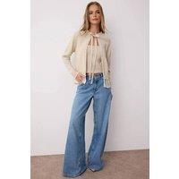WOVCOR Women's Bow Tie Lace Edge Knitted Crop Top & Cardigan Set in Stone | Size: Small