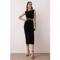 WOVCOR Women's Velvet Ring Detail Cut Out Sleeveless Midi Dress in Black | Size: 14