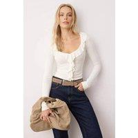 WOVCOR Women's Ruffle Detail Sweetheart Neck Fitted Knit Blouse in Ecru | Size: Large