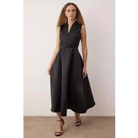WOVCOR Women's Belted V Neck Satin Maxi Evening Dress in Black | Size: 12