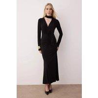 WOVCOR Women's V-Neck Ruched A-Line Maxi Knit Dress with Scarf Detail in Black | Size: Medium