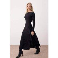 WOVCOR Women's Boat Neck Long Sleeve Maxi Knit Dress with Ruffle Detail in Black | Size: Small