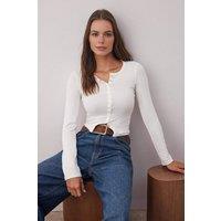 WOVCOR Women's Full Front Snap Fitted Stretch Knit Blouse in Ecru | Size: XS