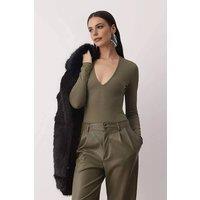 WOVCOR Women's Deep V-Neck Long Sleeve Knit Bodysuit in Khaki | Size: 14