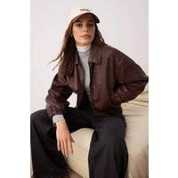 WOVCOR Women's Vintage Washed Zip Through Faux Leather Bomber Jacket in Brown | Size: Large