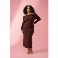 WOVCOR Women's Bardot Off-Shoulder Draped Bodycon Maxi Dress in Brown | Size: 4XL