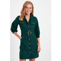 WOVCOR Women's Belted Button Detail Long Sleeve Mini Shirt Dress in Dark Green | Size: 8