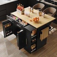 Rolipo Black Kitchen Island Trolley with Folding Dining Table & Storage