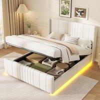Rolipo Beige Velvet 4ft6 Double Ottoman Storage Bed with LED Lighting