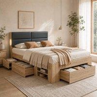 Rolipo 4FT6 Double Bed Frame with Storage, Natural Effect, LED Light