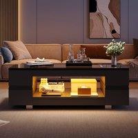 Rolipo Black High Gloss LED Coffee Table with Glass Top & Open Storage