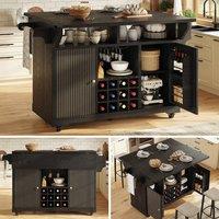 Rolipo Black Kitchen Trolley on Wheels with Wine Rack & Extendable Table
