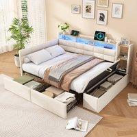 Rolipo 4ft6 Upholstered Double Bed with Storage, LED & USB in Beige