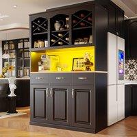 Rolipo Tall Kitchen Cabinet Black Multi-Purpose Buffet With LED