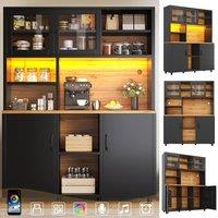 Rolipo Tall Black Retro Kitchen Cabinet with Smart LED Lights