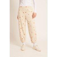 Native Youth Women's Cotton Blend Corduroy Floral Embroidered Elasticated Trousers in Cream | Size: XS