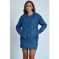 Native Youth Women's Denim Diamond-Qulited Round Neck Button Jacket in Blue | Size: XS