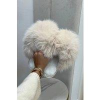 Femme Luxe Women's Faux Fur Slippers Soft Plush Mules in Beige | Size: 5-6