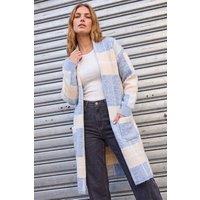 Roman Women's Check Longline Pocket Cardigan in Light Blue | Size: Medium