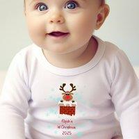 Aye Do Gifts Personalised 1st Christmas Rudolph Babygrow, Newborn Xmas Gift in White | Size: 6-12 m