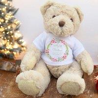 Aye Do Gifts Personalised 1st Christmas Teddy Bear, Berry Wreath Baby First Christmas Gift Keepsake in Beige