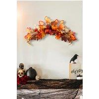 Living and Home 60cm Artificial Autumn Swag Maple Leaves Berry Pumpkin Arch Garland with Light for Halloween Thanksgiving Decor in Orange