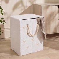 OHS Bow Print Boucle Laundry Basket Folding Hamper Bag with Lid in White