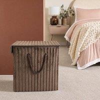 OHS Ribbed Faux Fur Folding Laundry Basket Bag with Lid in Chocolate
