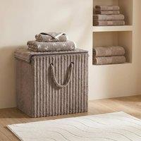 OHS Ribbed Faux Fur Folding Laundry Basket Bag with Lid in Taupe