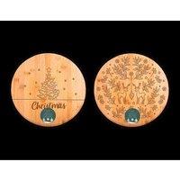 KDMD Festive Round Bamboo Serving Board 30cm 2 Pack Assorted Designs in Brown
