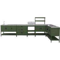 sweeek Outdoor kitchen with charcoal barbecue & 5 modules with sink in Green