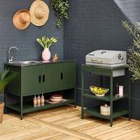 sweeek Outdoor kitchen with charcoal barbecue & 2 modules with sink in Green