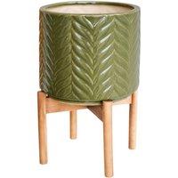 Ivyline Aspen Chevron Planter - Ceramic/Wood - L28 x W28 x H40 cm - Olive
