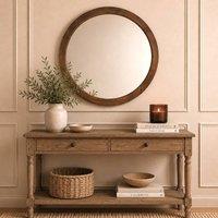 Elm Home And Garden Round Solid Mango Wood Wall Mirror - Dark Oak Finish Wooden Framed in Brown