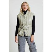 Native Youth Women's Faux Leather Quilted Sleeveless Belted Gilet in Green | Size: Small