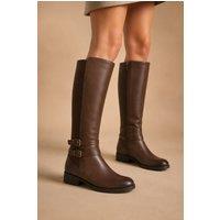 SHOES BY EMMA Women's Knee High Boots Elasticated Gusset, Zip & Buckle in Brown | Size: 6