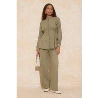 WOVCOR Women's 2-Piece Button Detail Long Sleeve Shirt & Wide Leg Trouser Co-ord in Khaki | Size: 6