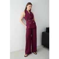WOVCOR Women's 2-Piece Button Detail Sleeveless Waistcoat Wide Leg Trouser Co-ord in Burgundy | Size: 6
