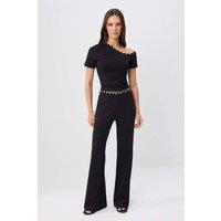 WOVCOR Women's 2-Piece Fitted Asymmetric Button Detail Short Sleeve Co-ord in Black | Size: XS