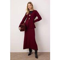 WOVCOR Women's 2-Piece Gold Button Detail V Neck Knitted Cardigan & Skirt Co-ord in Burgundy | Size: Large