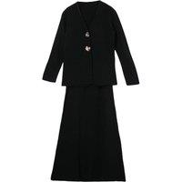 WOVCOR Women's 2-Piece Gold Button Detail V Neck Knitted Cardigan & Skirt Co-ord in Black | Size: Large