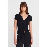 Dilvin Women's Slim Fit V-Neck Button Blouse in Black | Size: Small